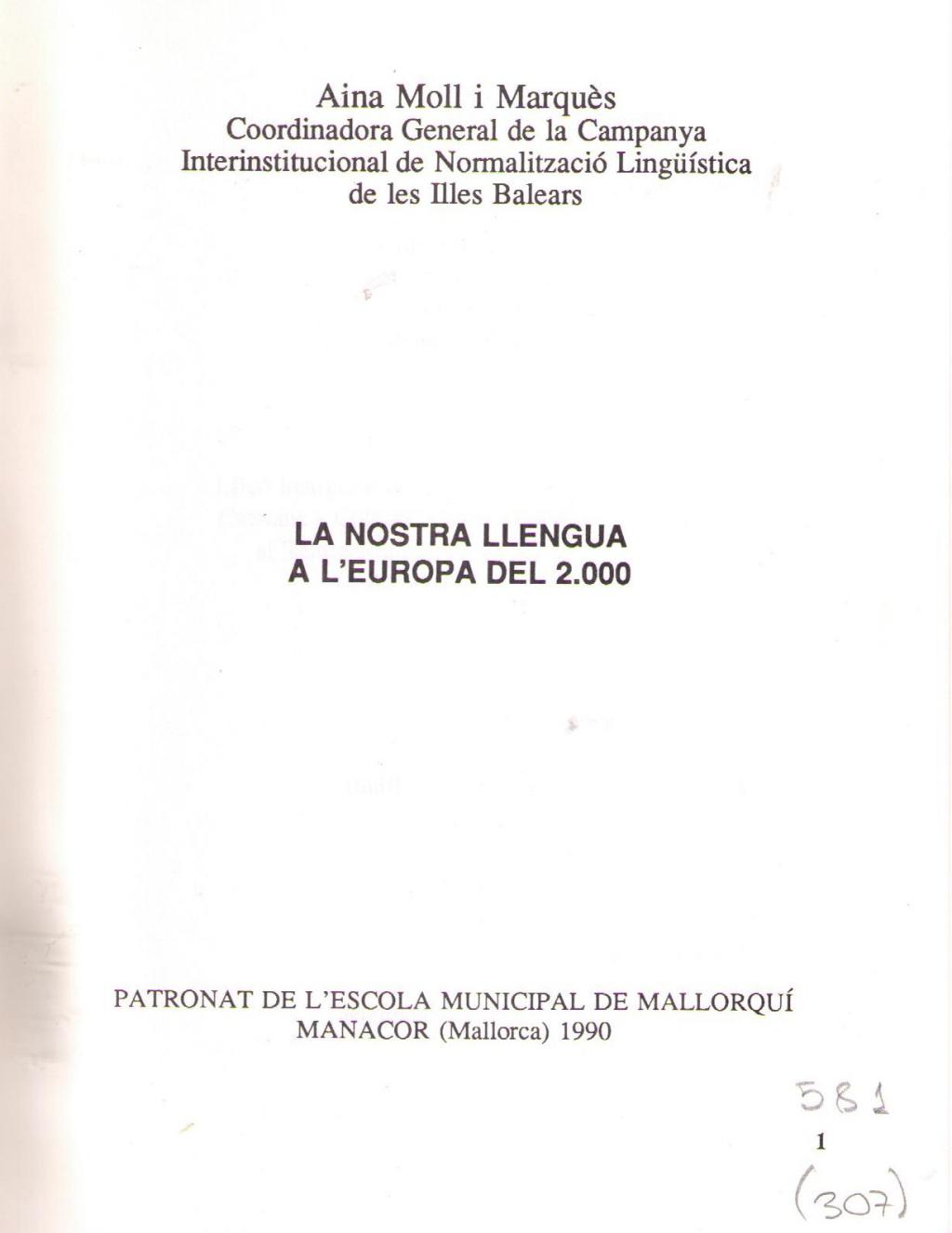 Coberta de La nostra llengua a l´Europa del 2.000